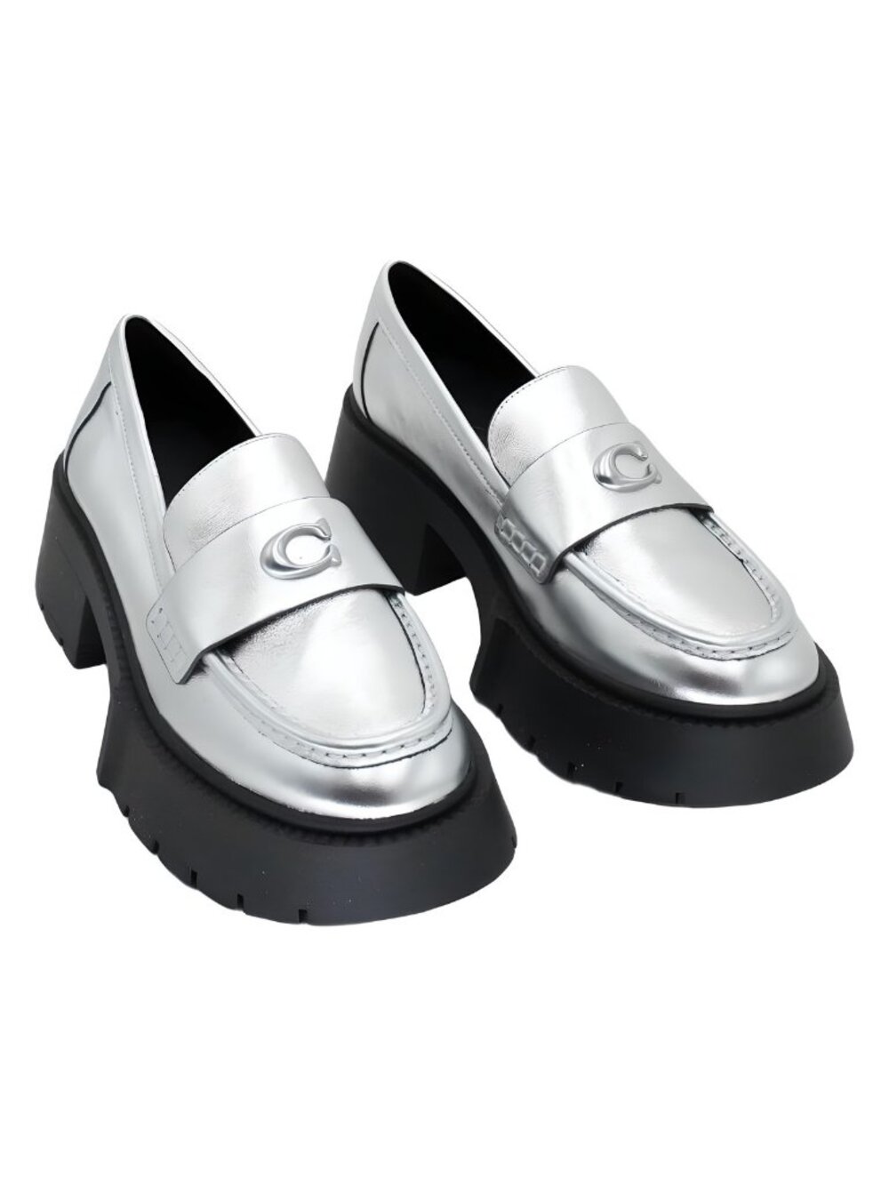 COACH Leah 1.8" Platform Lug Sole Silver Metallic Loafers Sz US 8.5 EU 39.5